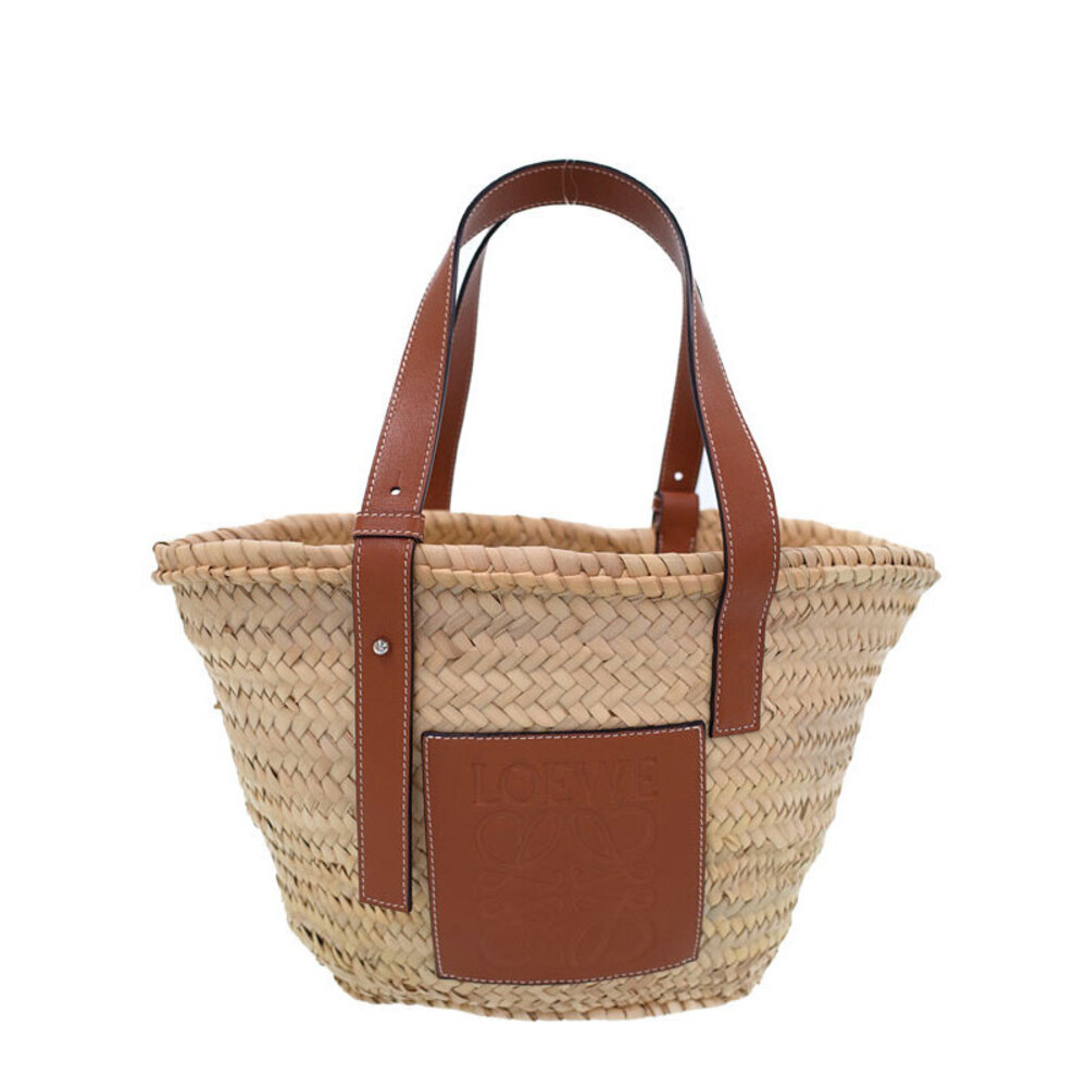 Loewe Paula Ibiza Basket Bag woven palm leaf calfskin leather anagram Tan